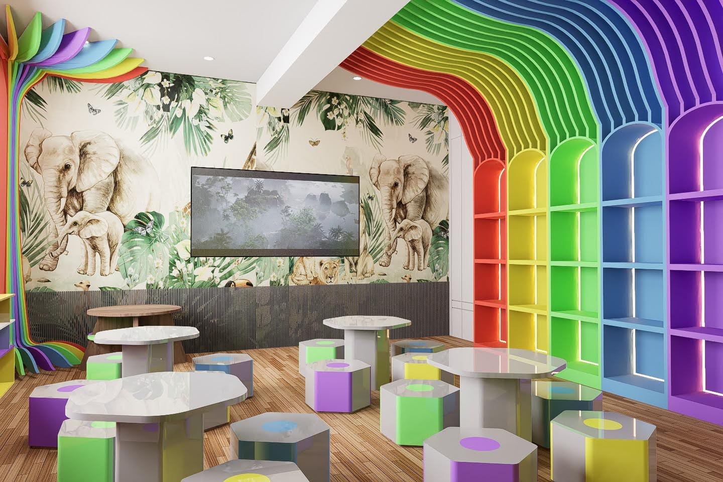 Classroom with elephant wallpaper